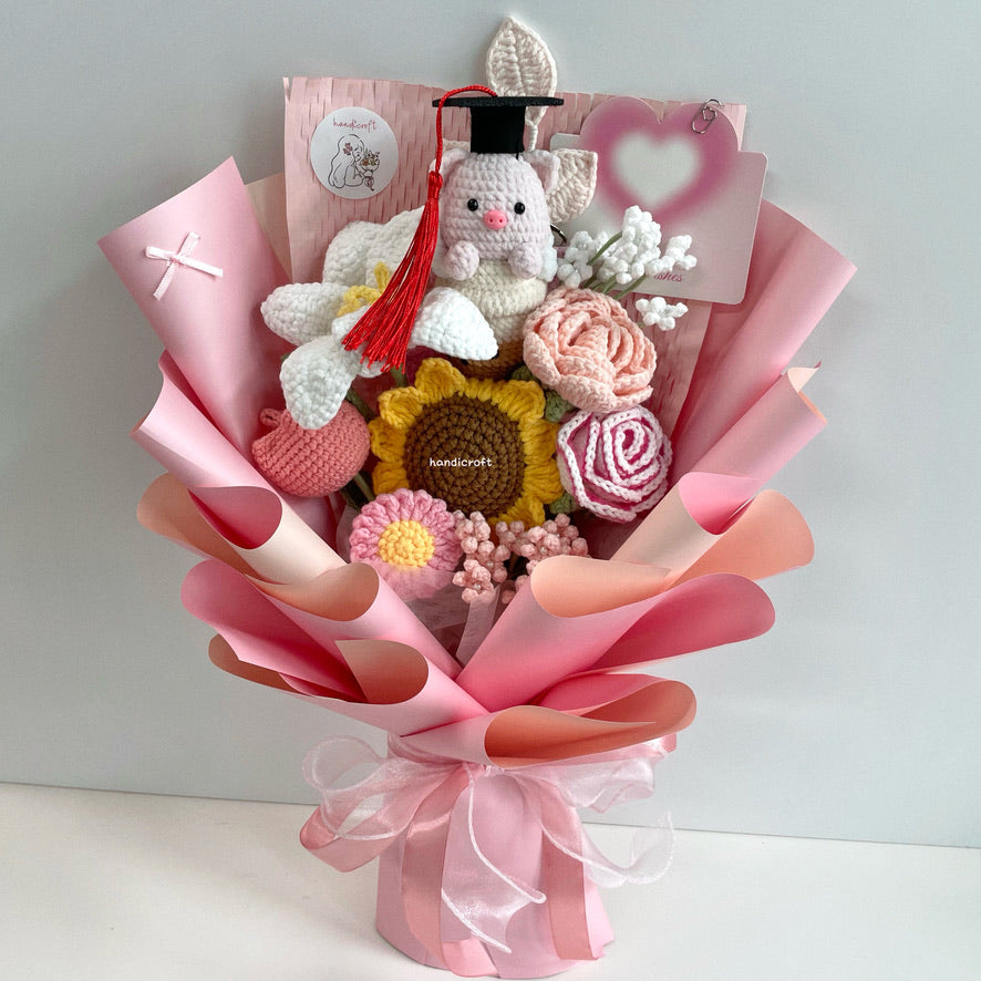 handicroft handmade crochet bubble tea pig flower bouquet piggy's pearls & petals pink