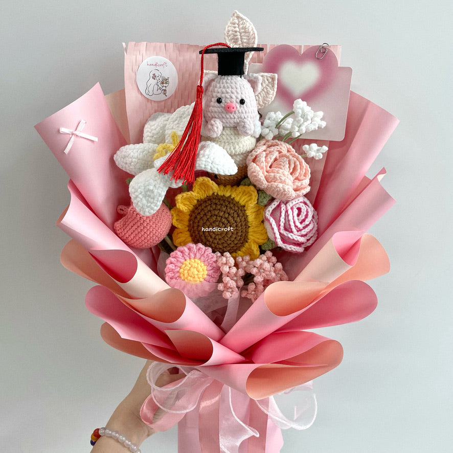 handicroft handmade crochet bubble tea pig flower bouquet piggy's pearls & petals pink
