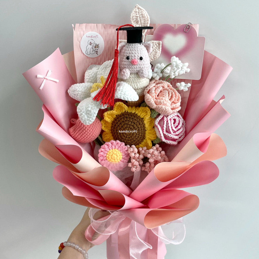 handicroft handmade crochet bubble tea pig flower bouquet piggy's pearls & petals pink