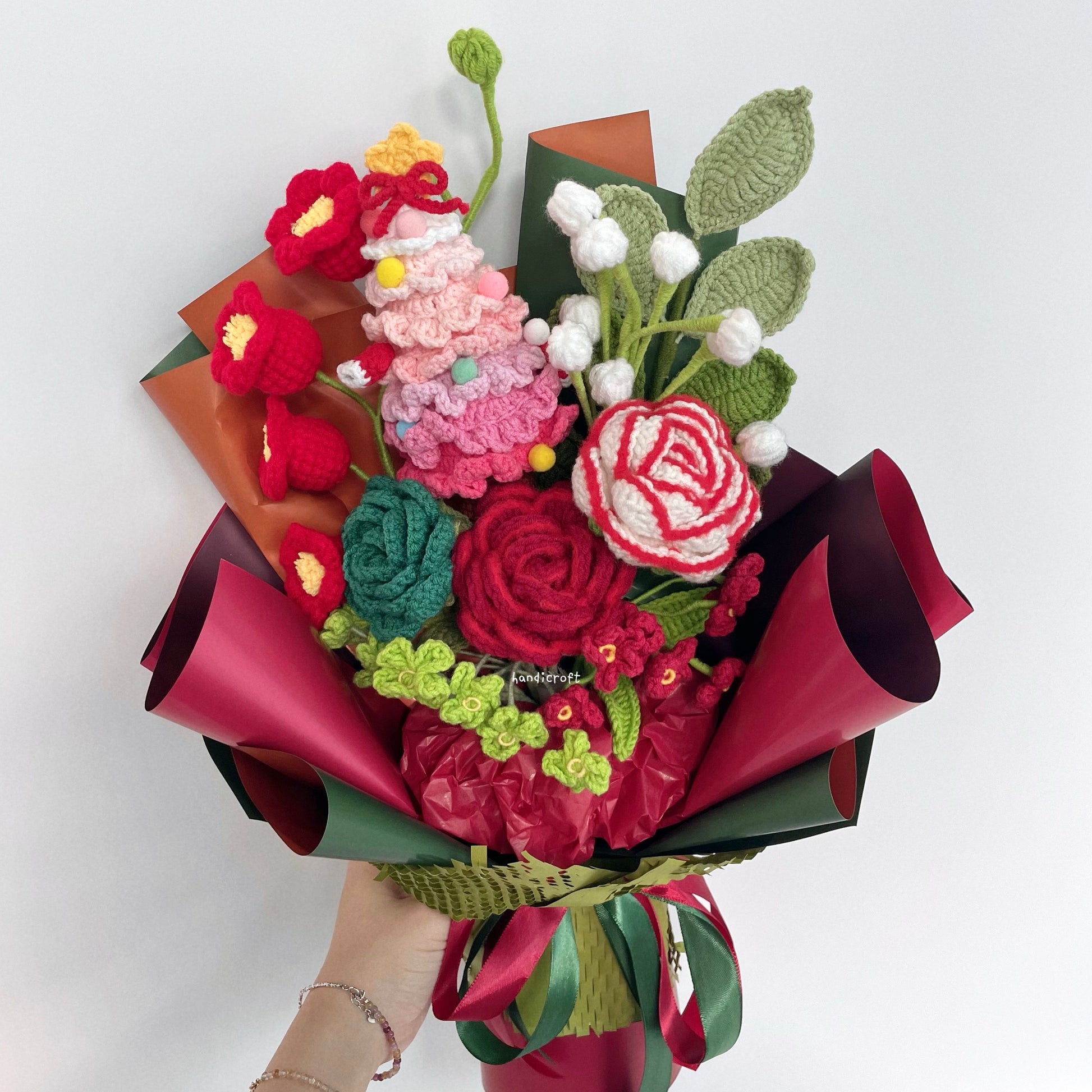 handicroft handmade crochet christmas special flower bouquet merry & festive