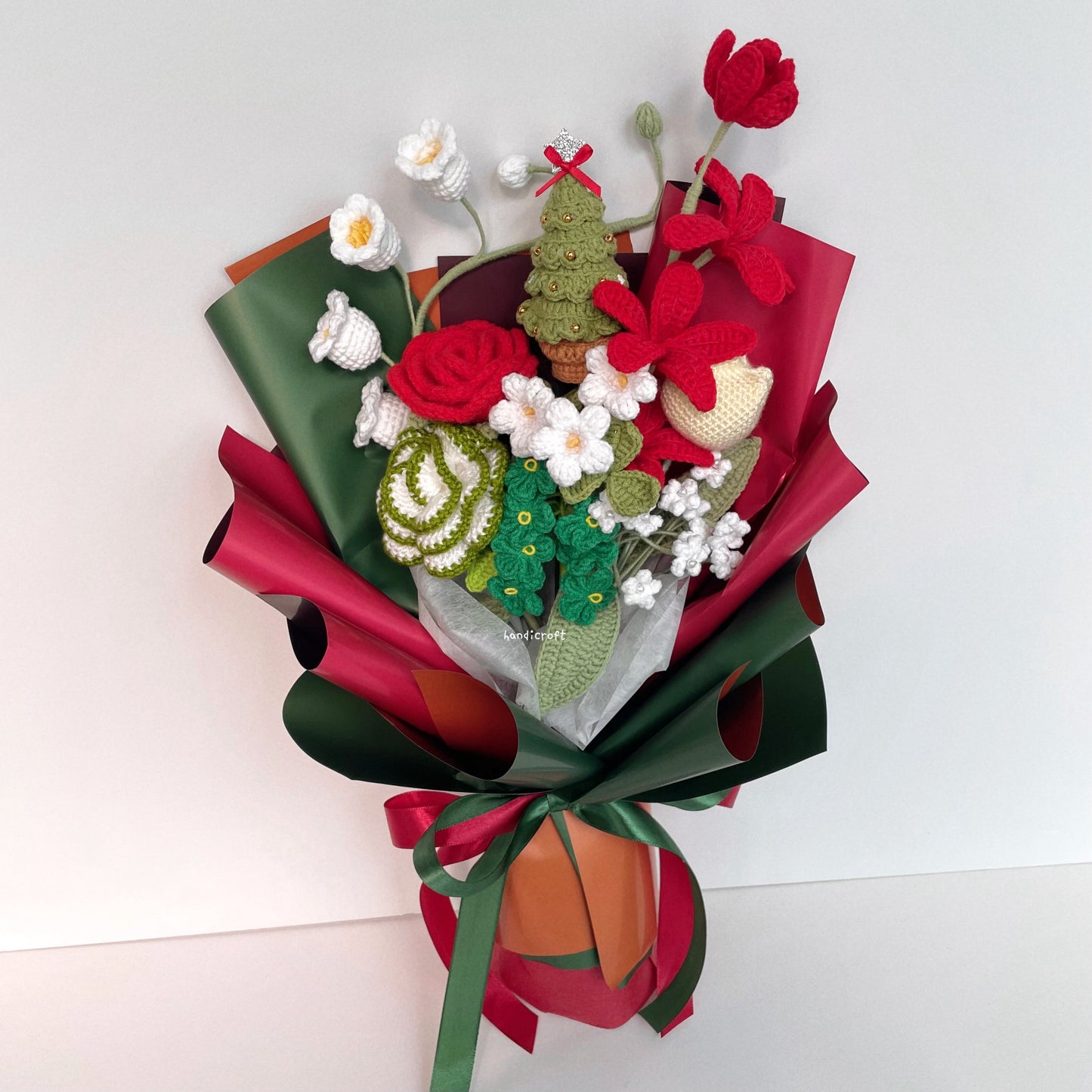 handicroft handmade crochet christmas special flower bouquet merry & frosty