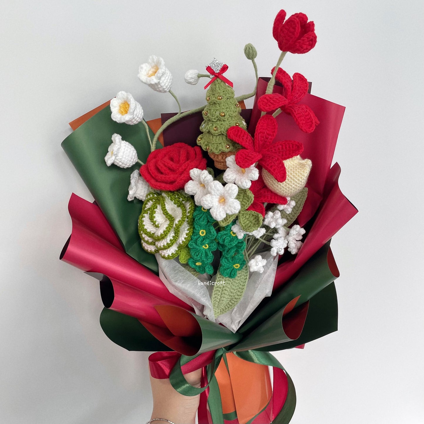 handicroft handmade crochet christmas special flower bouquet merry & frosty