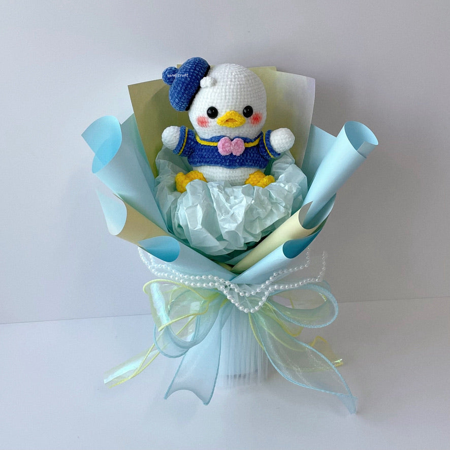 handicroft handmade crochet chubby donald duck flower bouquet