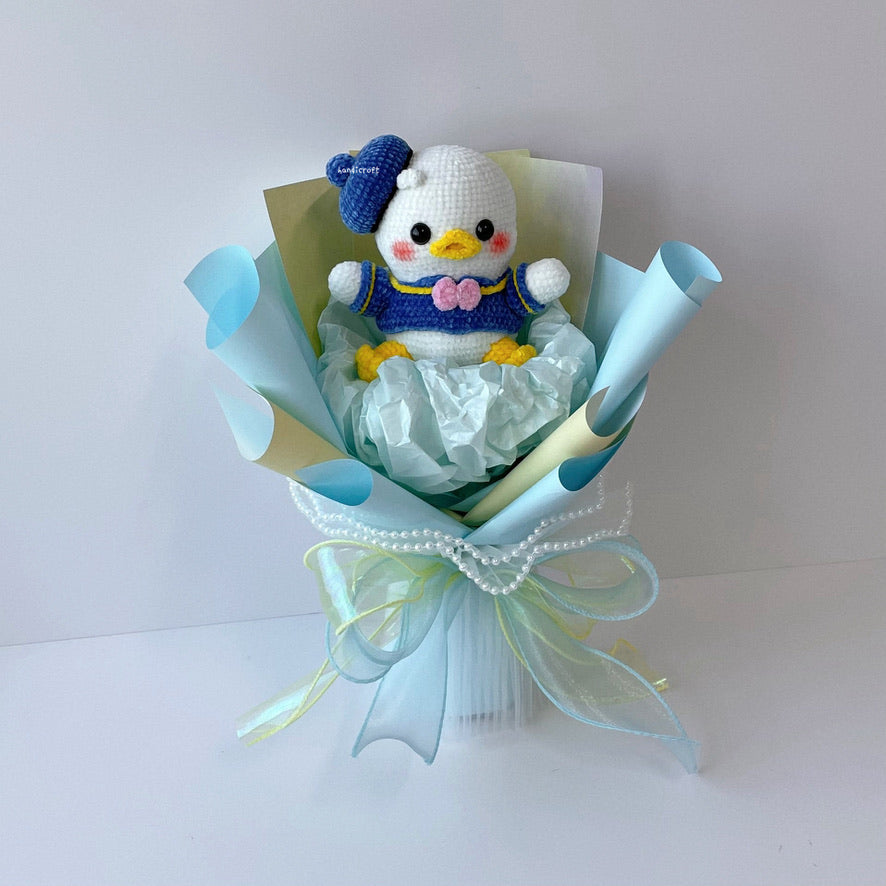 handicroft handmade crochet chubby donald duck flower bouquet