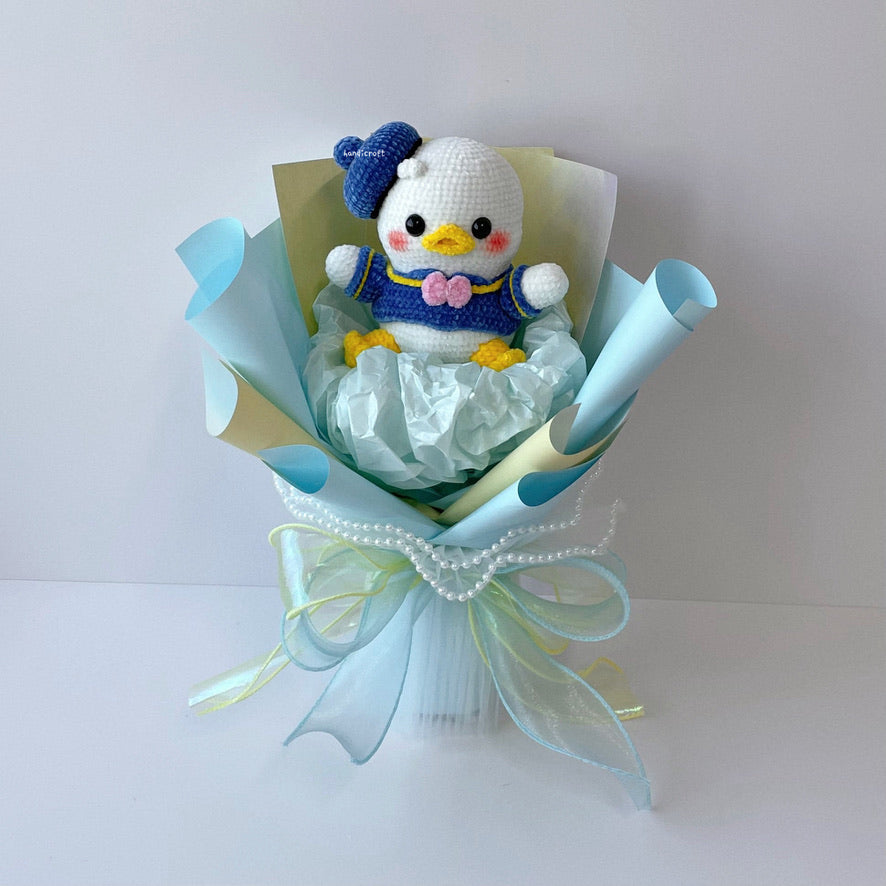 handicroft handmade crochet chubby donald duck flower bouquet