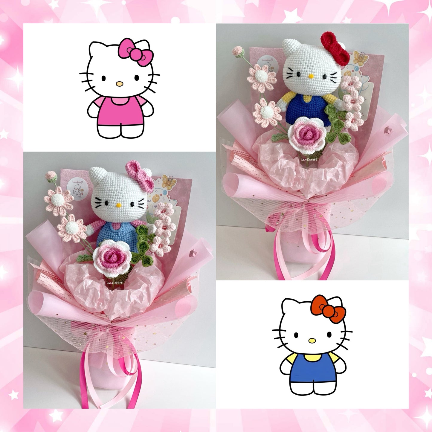 handicroft handmade crochet chubby kitty flower bouquet sweet bow spring