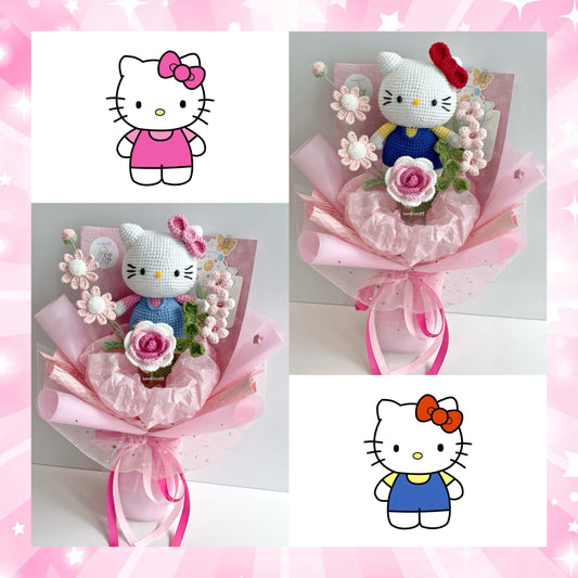 handicroft handmade crochet chubby kitty flower bouquet sweet bow spring