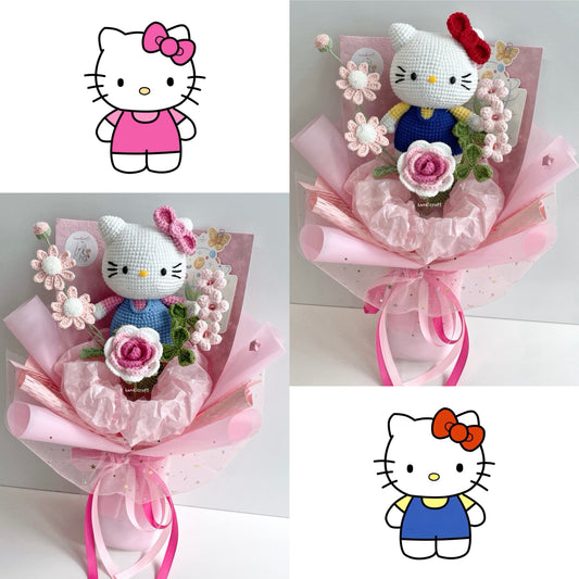 handicroft handmade crochet chubby kitty flower bouquet sweet bow spring