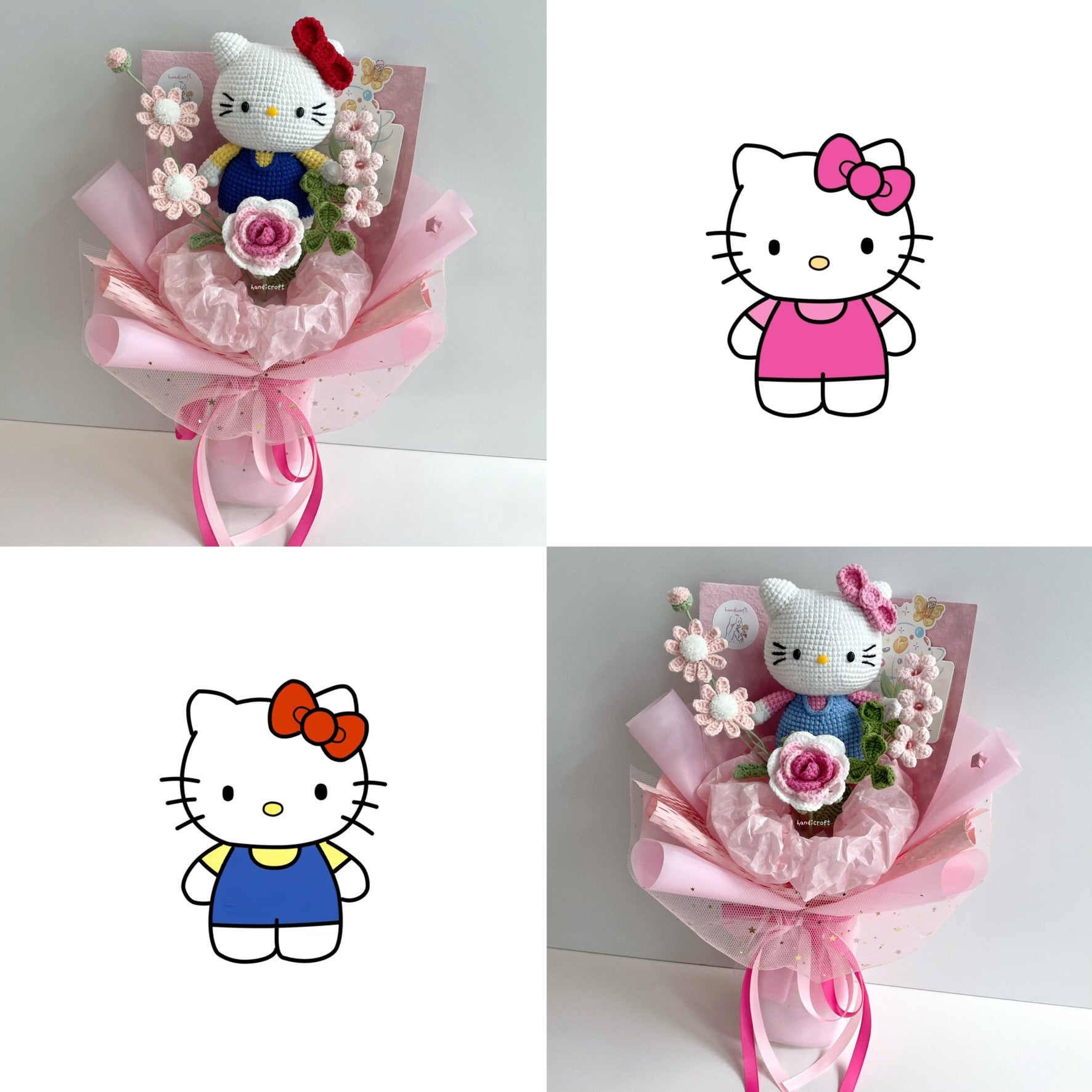 handicroft handmade crochet chubby kitty flower bouquet sweet bow spring
