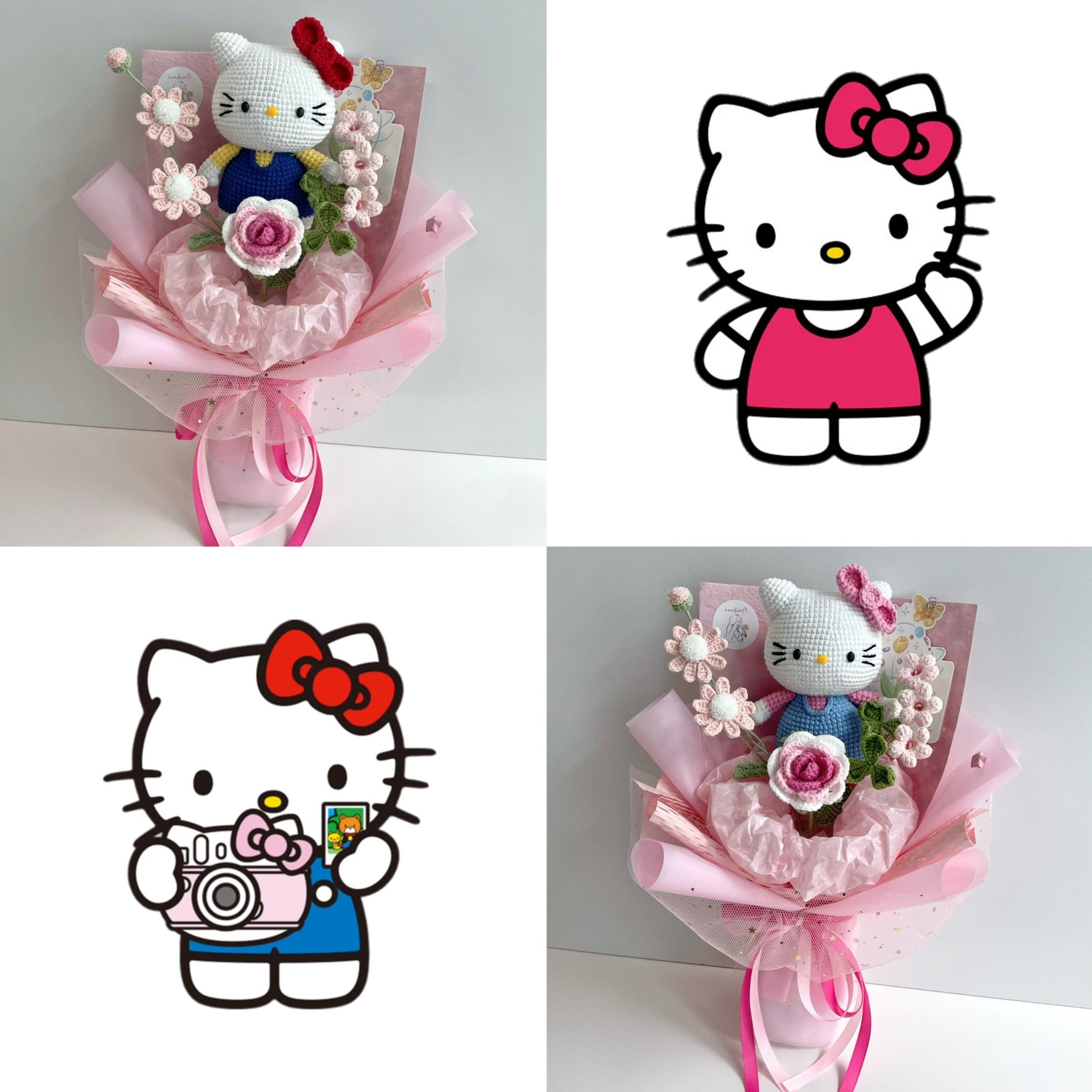 handicroft handmade crochet chubby kitty flower bouquet sweet bow spring