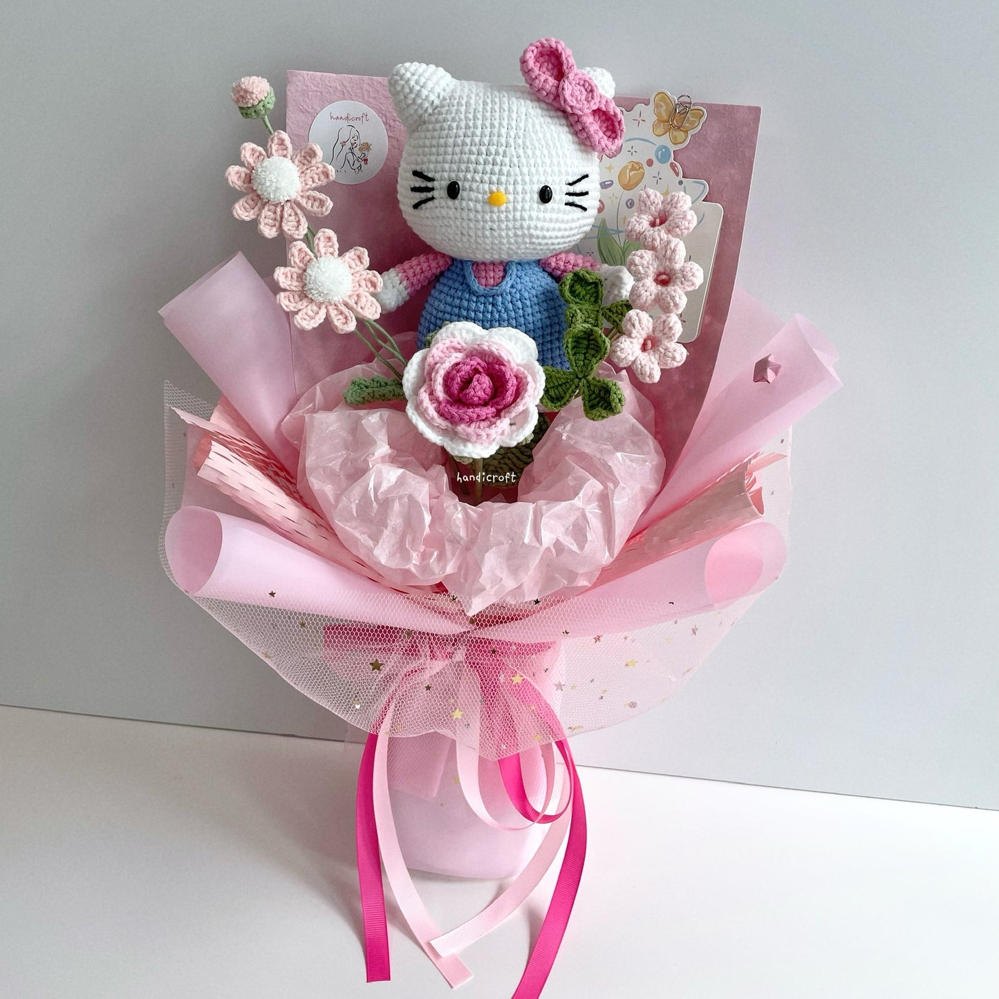 handicroft handmade crochet chubby kitty flower bouquet sweet bow spring light blue pink bow pink