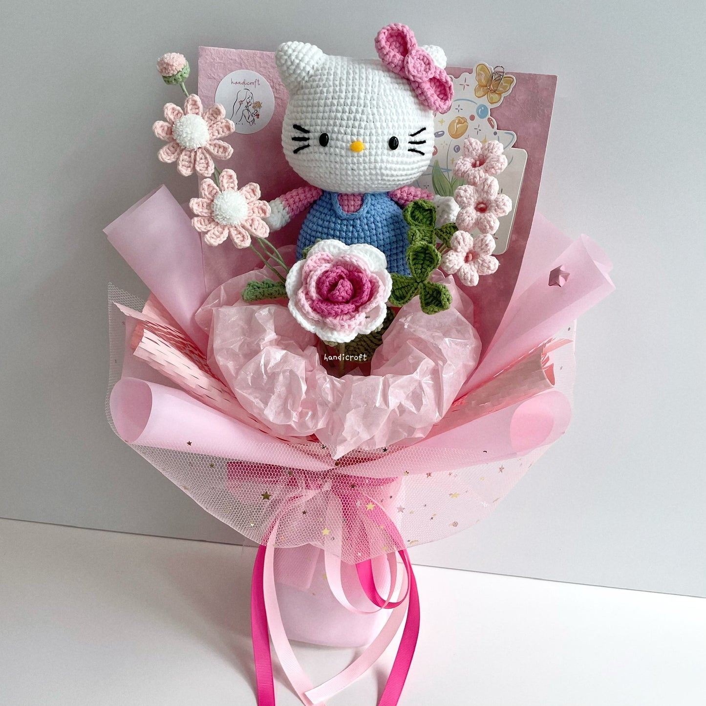 handicroft handmade crochet chubby kitty flower bouquet sweet bow spring light blue pink bow pink
