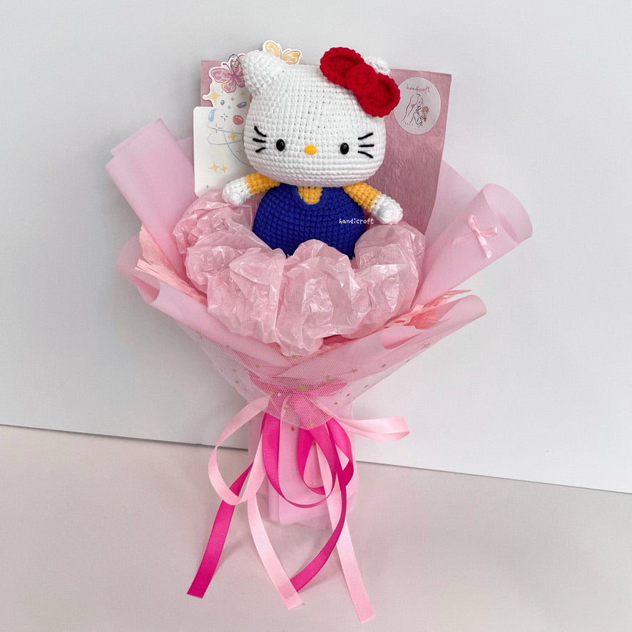 handicroft handmade crochet chubby sanrio hello kitty flower bouquet hello kitty in bloom dark blue red bow pink