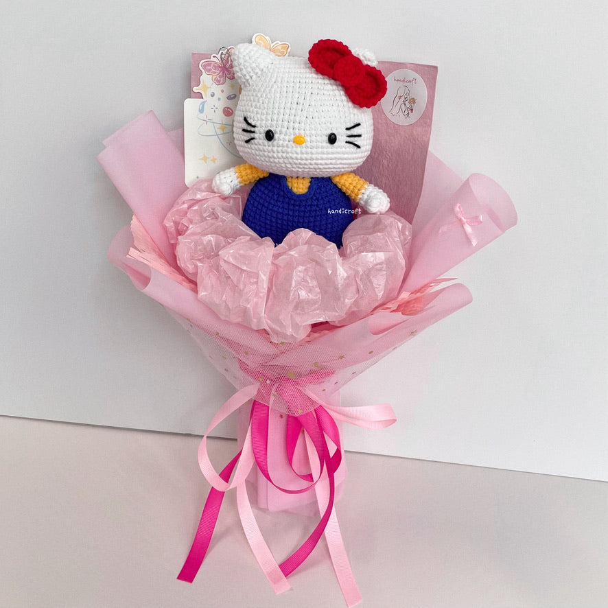 handicroft handmade crochet chubby sanrio hello kitty flower bouquet hello kitty in bloom dark blue red bow pink