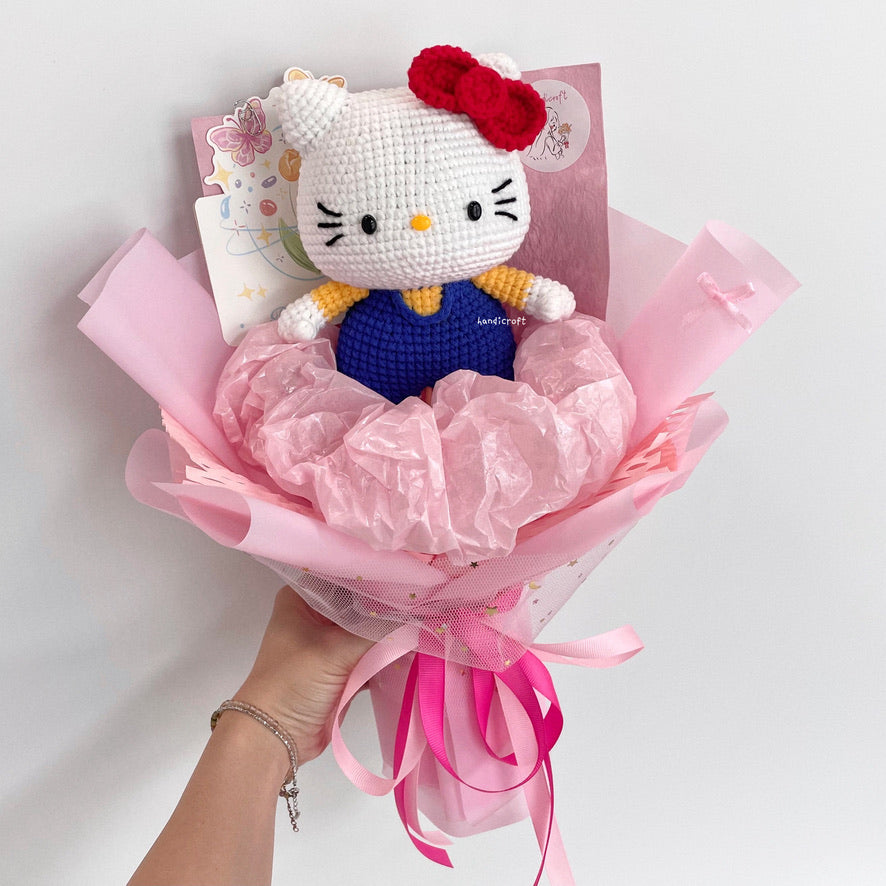 handicroft handmade crochet chubby sanrio hello kitty flower bouquet hello kitty in bloom dark blue red bow pink