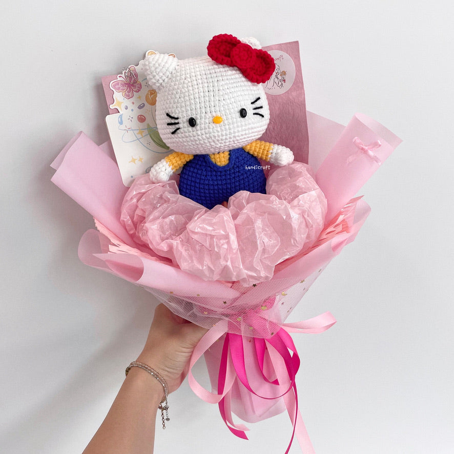 handicroft handmade crochet chubby sanrio hello kitty flower bouquet hello kitty in bloom dark blue red bow pink
