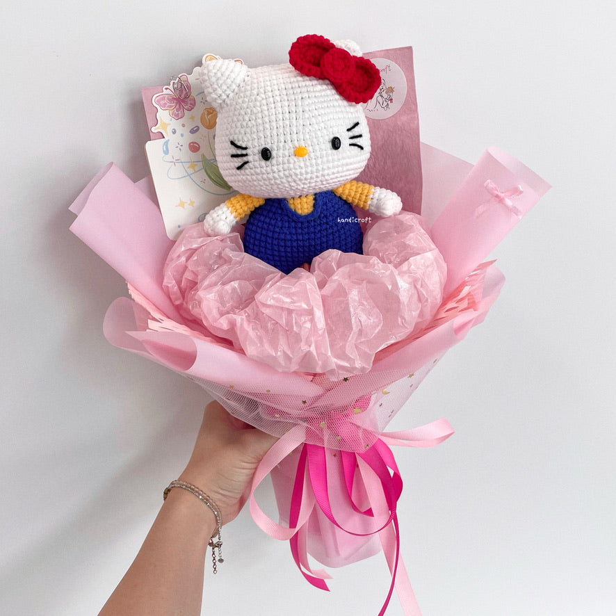 handicroft handmade crochet chubby sanrio hello kitty flower bouquet hello kitty in bloom dark blue red bow pink