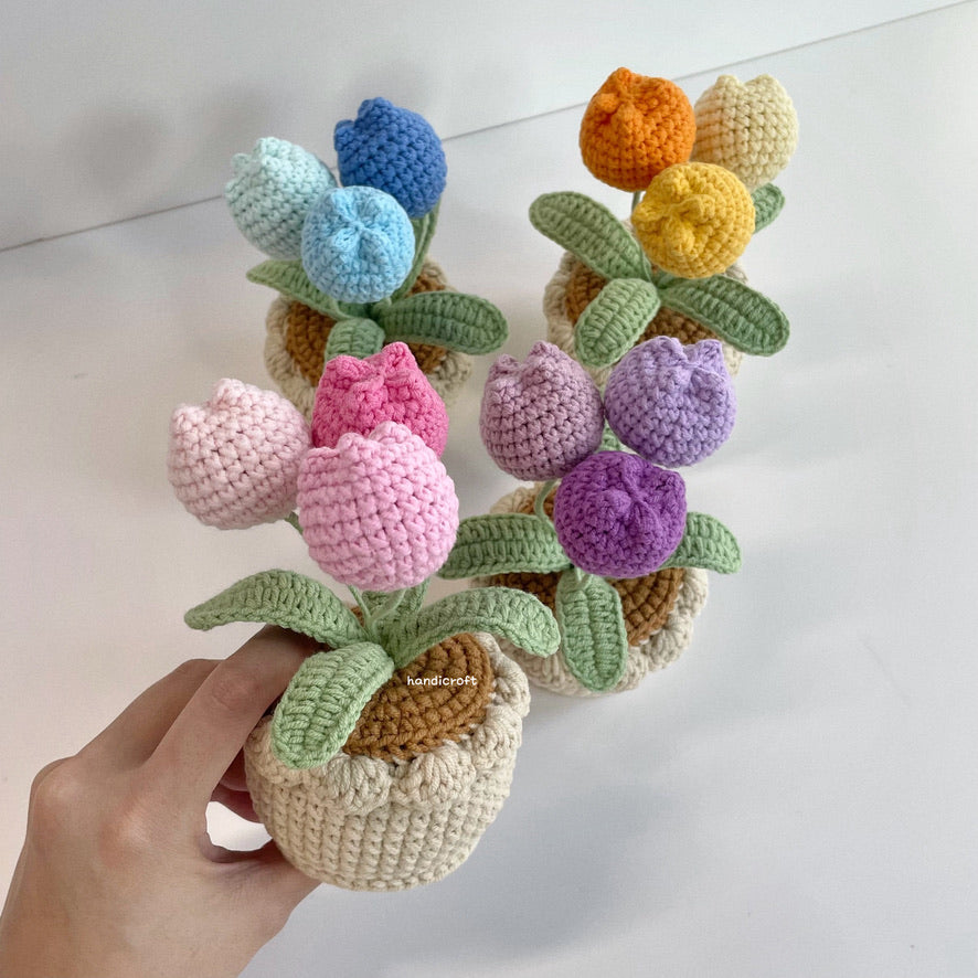 handicroft handmade crochet chubby tulip potted plant flower pot 4 colours