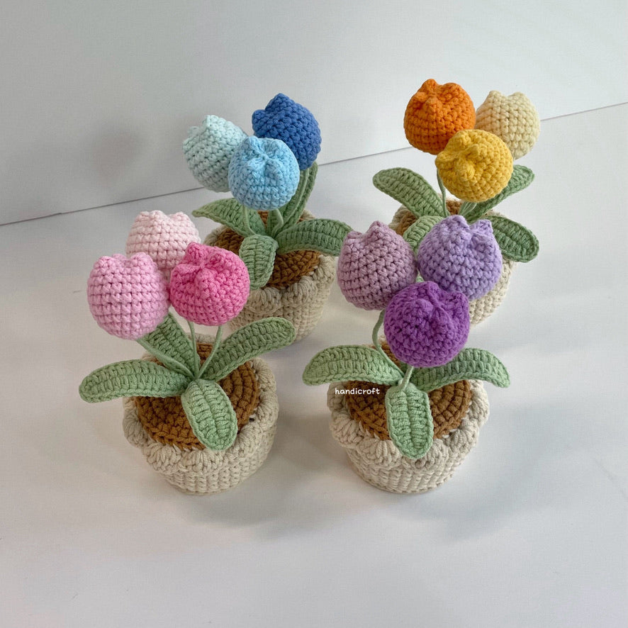 handicroft handmade crochet chubby tulip potted plant flower pot 4 colours