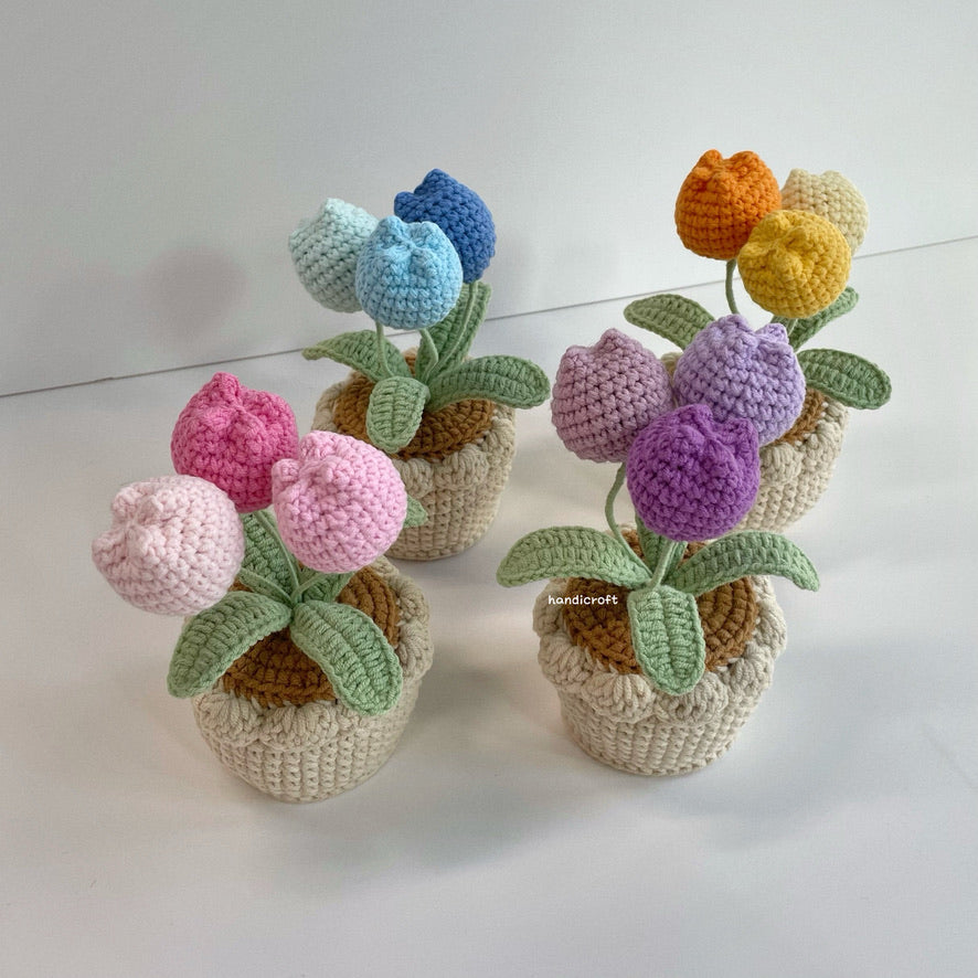handicroft handmade crochet chubby tulip potted plant flower pot 4 colours