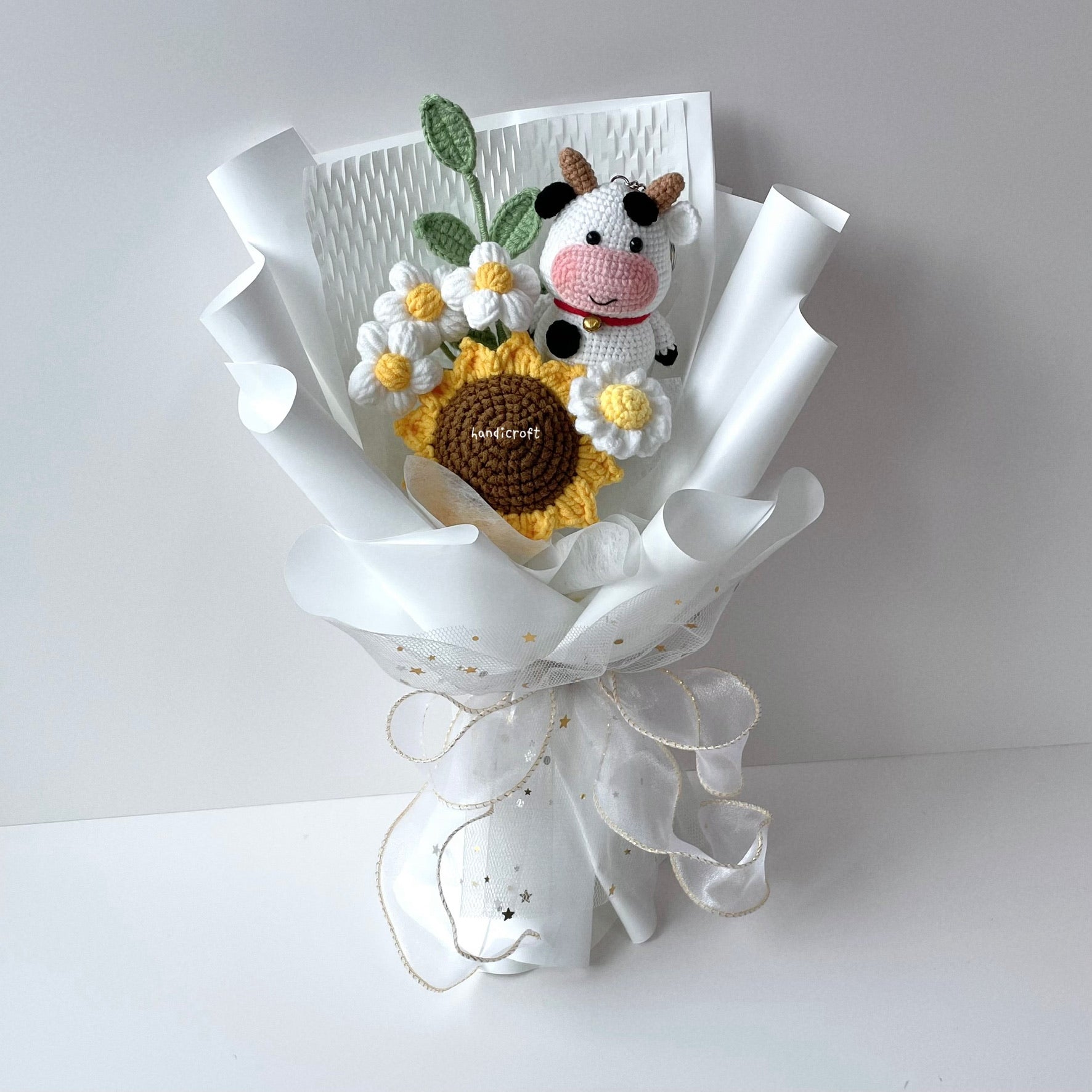 handicroft handmade crochet cow sunflower bouquet moo in bloom