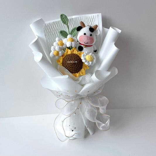 handicroft handmade crochet cow sunflower bouquet moo in bloom
