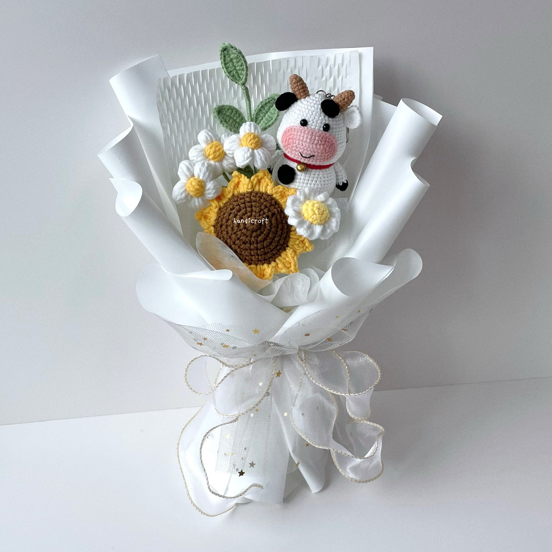 handicroft handmade crochet cow sunflower bouquet moo in bloom