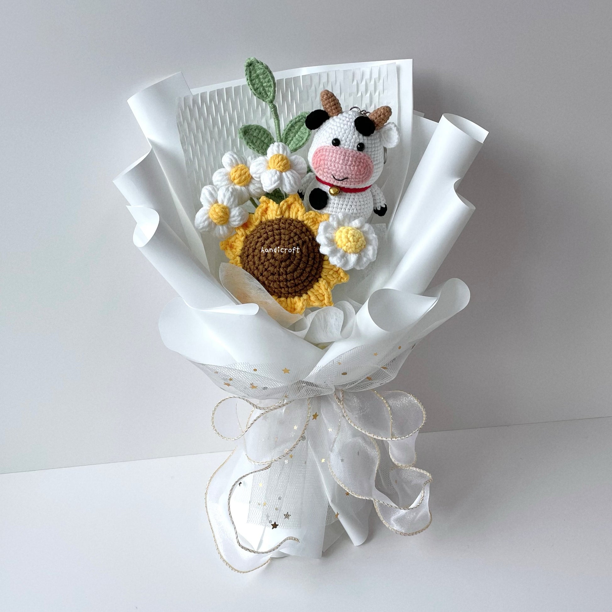 handicroft handmade crochet cow sunflower bouquet moo in bloom