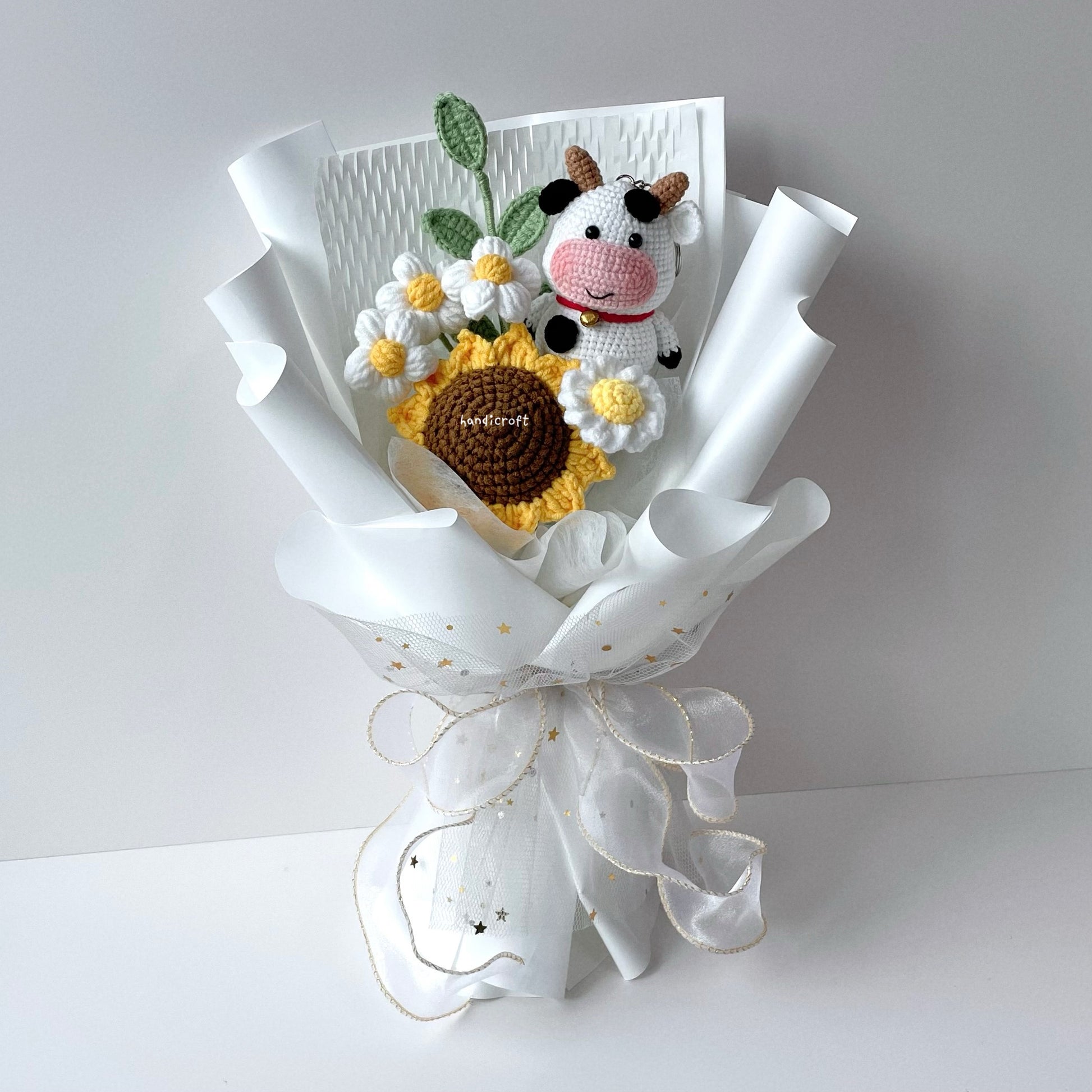 handicroft handmade crochet cow sunflower bouquet moo in bloom