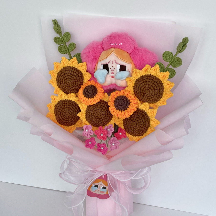 handicroft handmade crochet crybaby sad club series plush sunflower flower bouquet pop mart crybaby's rouge pink
