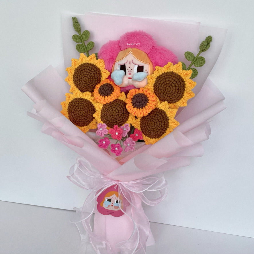 handicroft handmade crochet crybaby sad club series plush sunflower flower bouquet pop mart crybaby's rouge pink
