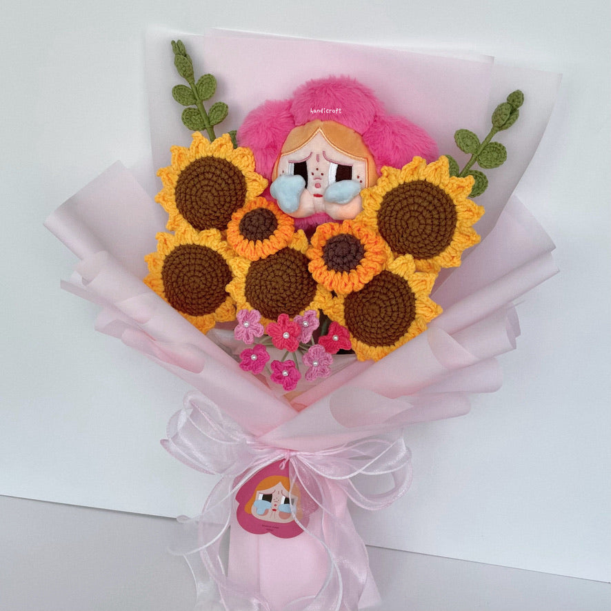 handicroft handmade crochet crybaby sad club series plush sunflower flower bouquet pop mart crybaby's rouge pink