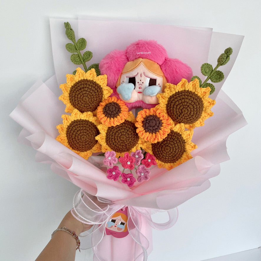 handicroft handmade crochet crybaby sad club series plush sunflower flower bouquet pop mart crybaby's rouge pink