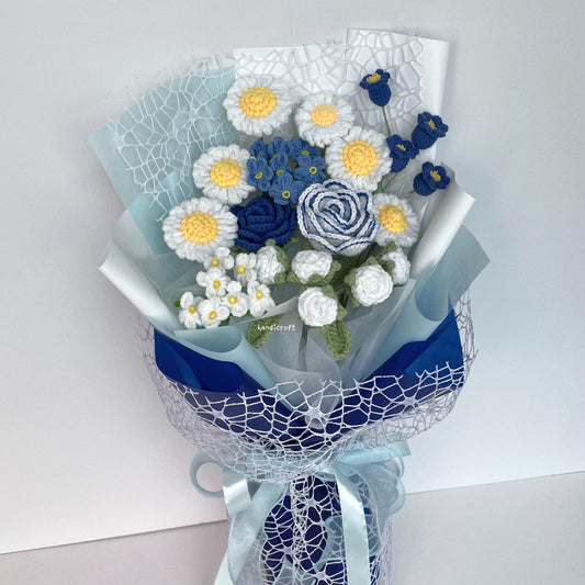 handicroft handmade crochet daisy flower bouquet a field of daisies & blooms blue