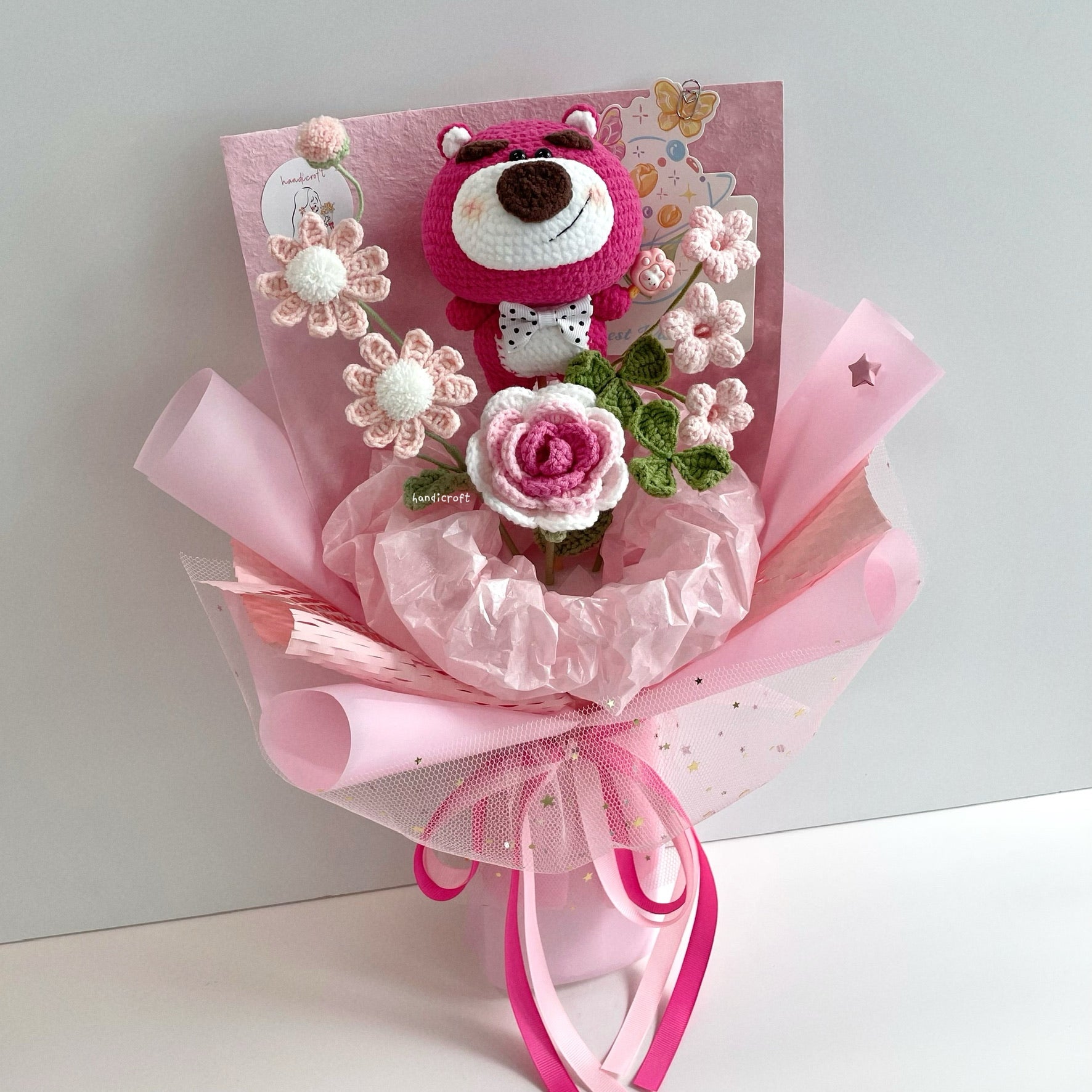 handicroft handmade crochet disney strawberry lotso bear character flower bouquet lotso's big love pink