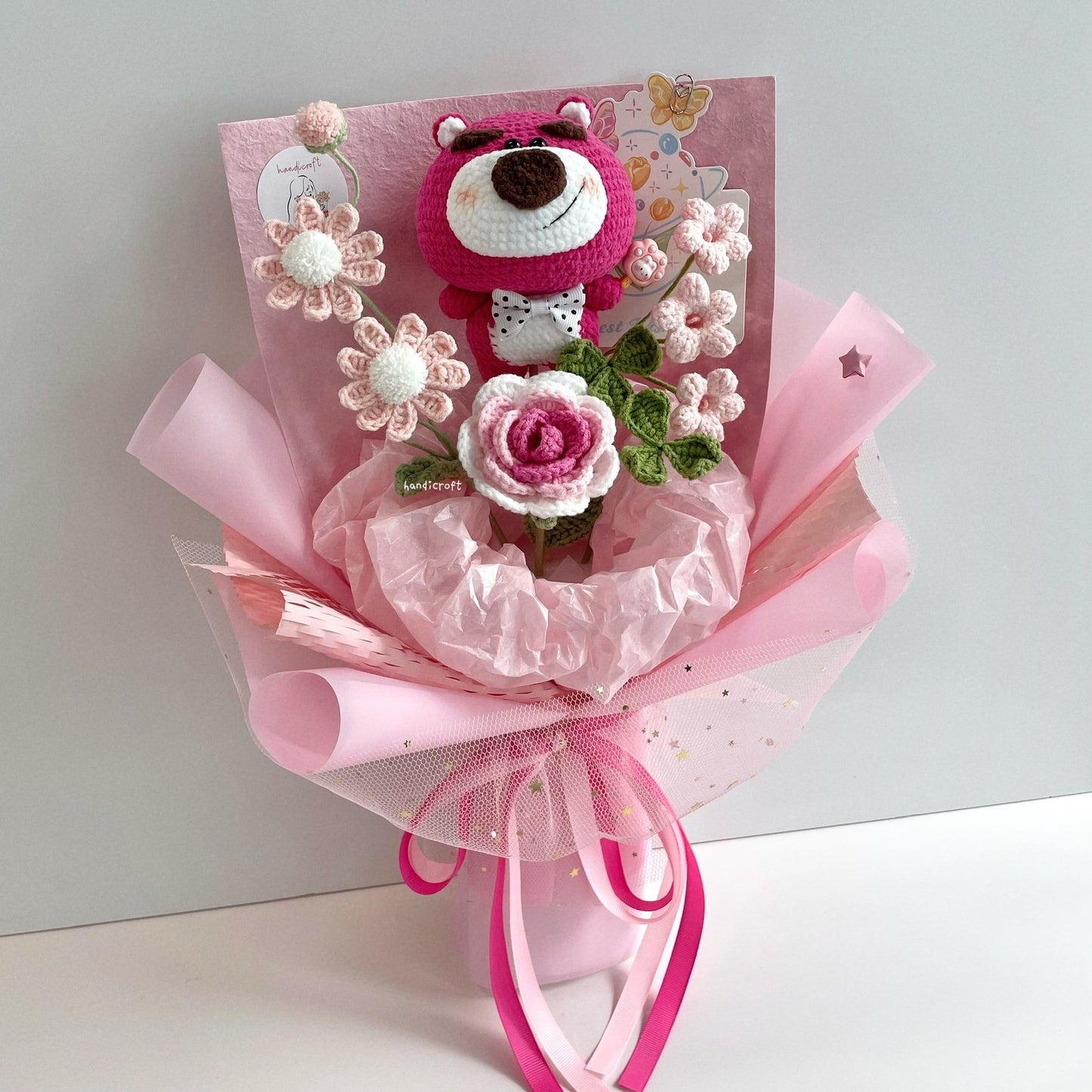 handicroft handmade crochet disney strawberry lotso bear character flower bouquet lotso's big love pink