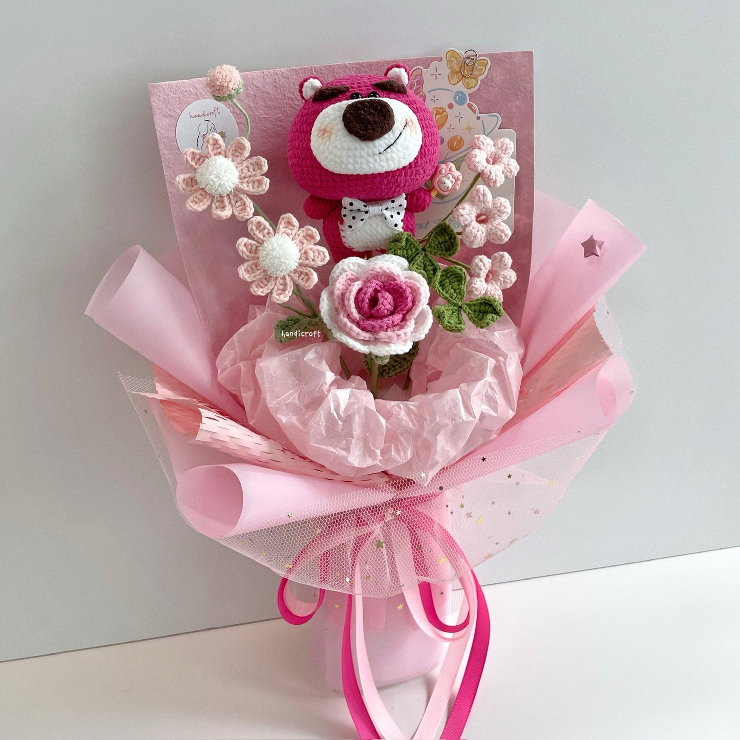 handicroft handmade crochet disney strawberry lotso bear character flower bouquet lotso's big love pink