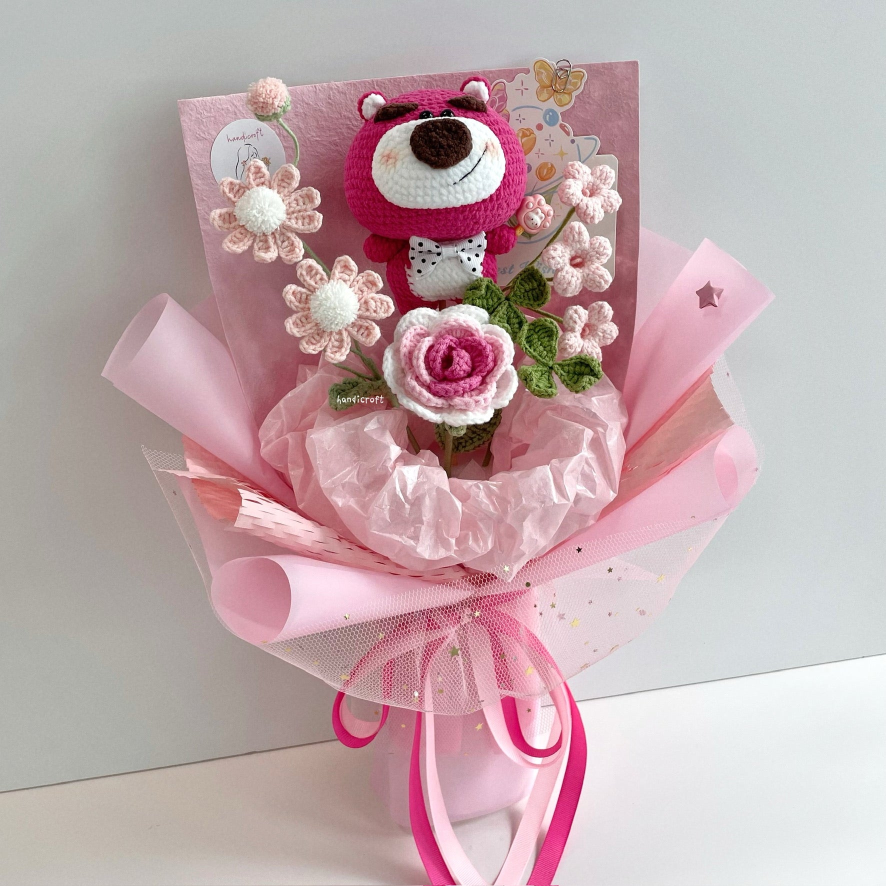 handicroft handmade crochet disney strawberry lotso bear character flower bouquet lotso's big love pink
