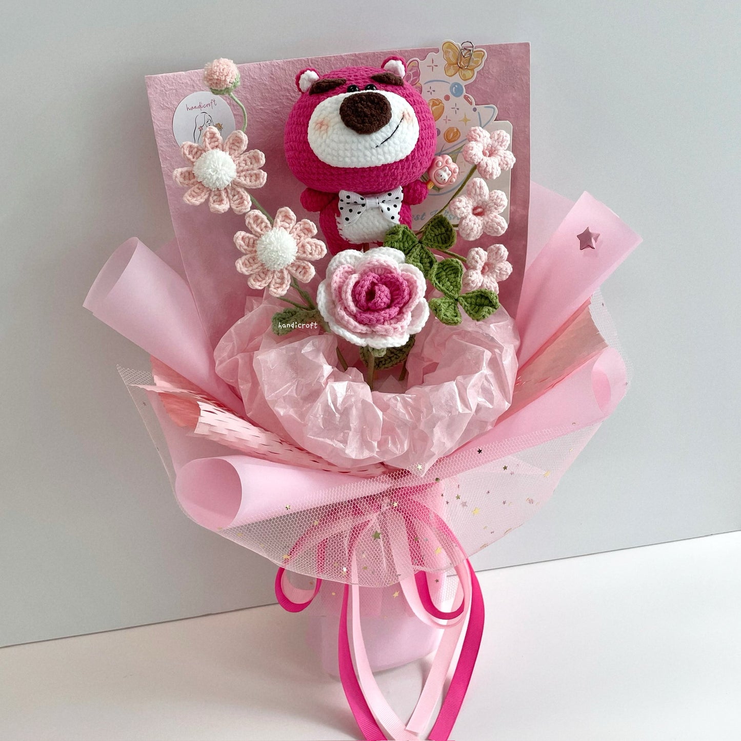 handicroft handmade crochet disney strawberry lotso bear character flower bouquet lotso's big love pink