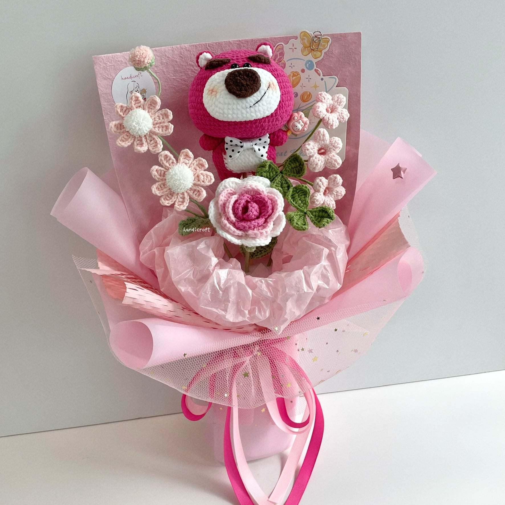 handicroft handmade crochet disney strawberry lotso bear character flower bouquet lotso's big love pink