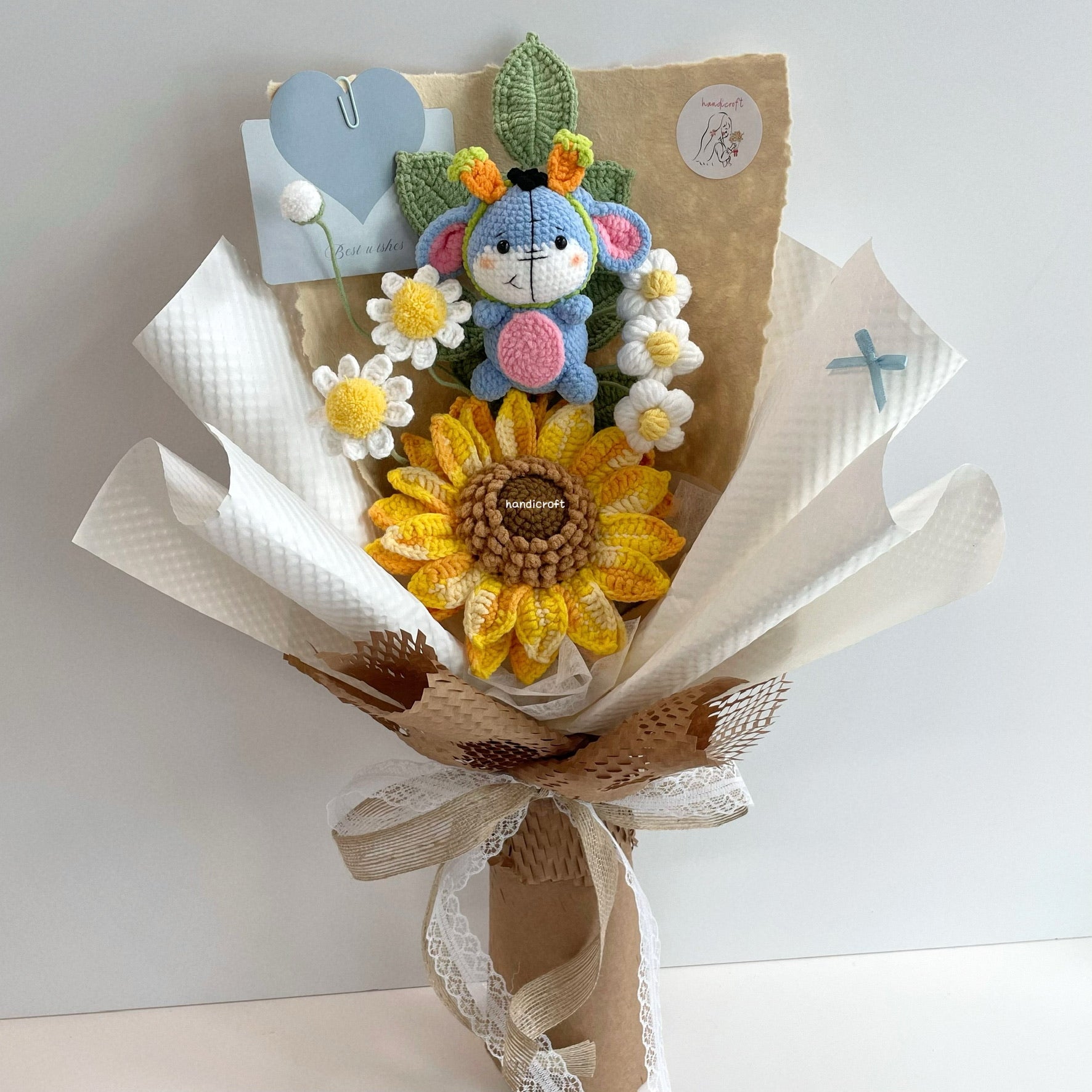 handicroft handmade crochet donkey jumbo sunflower flower bouquet donkey's daydream