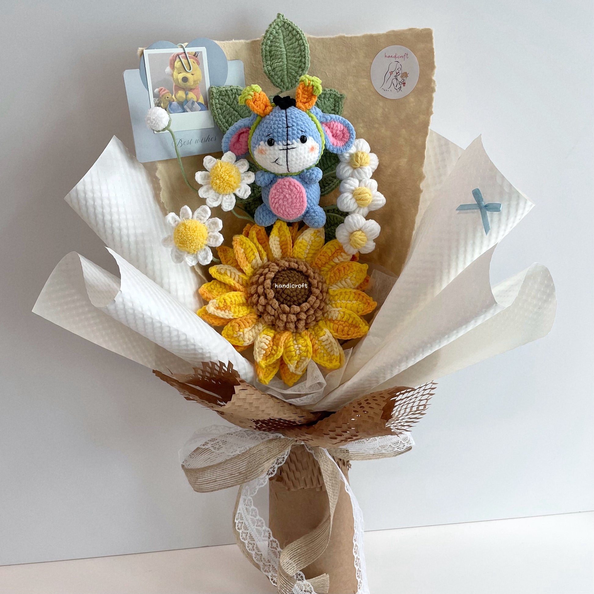 handicroft handmade crochet donkey jumbo sunflower flower bouquet donkey's daydream