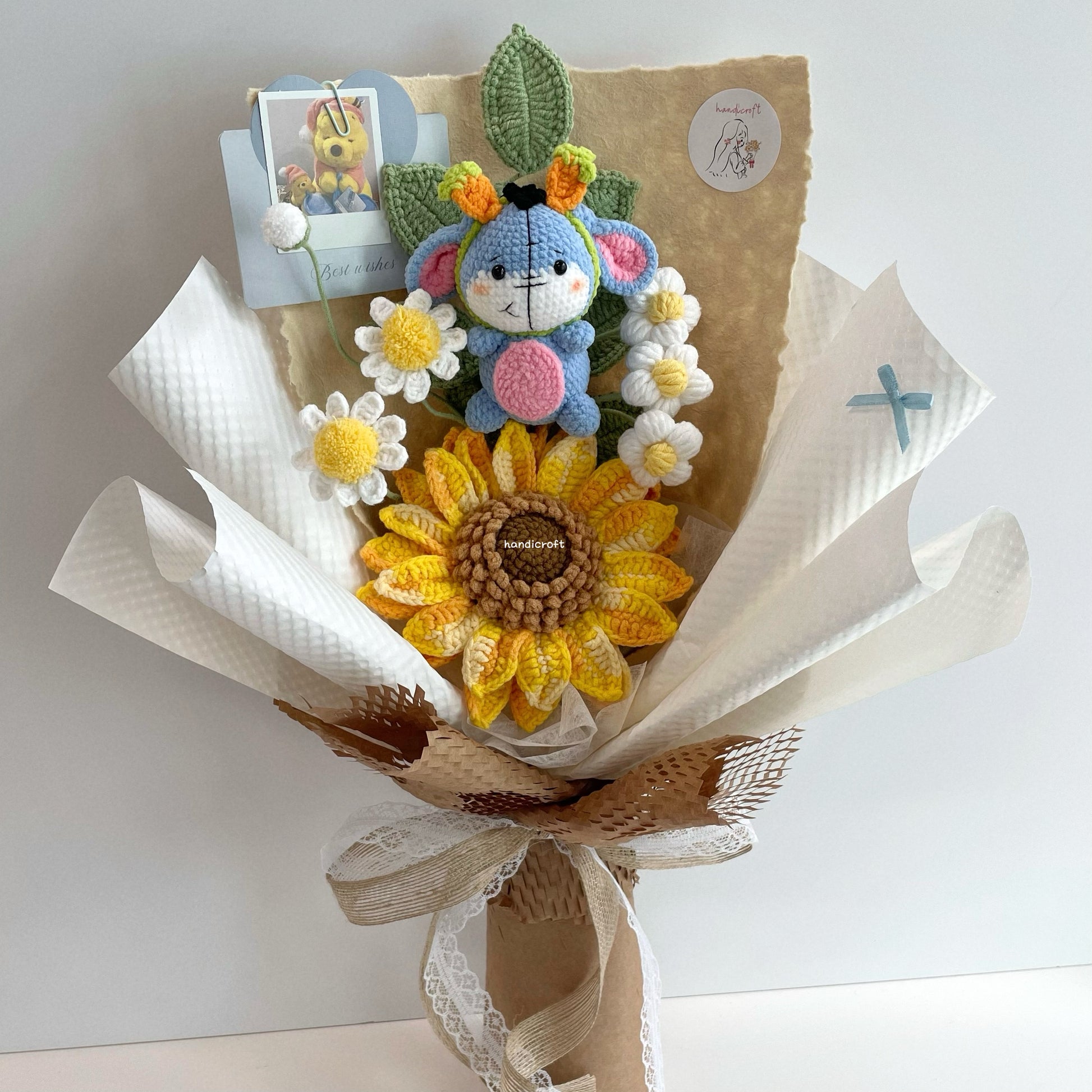 handicroft handmade crochet donkey jumbo sunflower flower bouquet donkey's daydream