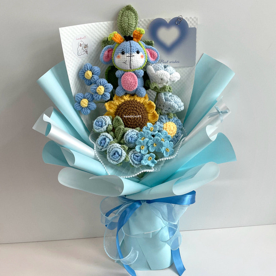 handicroft handmade crochet donkey pastel flower bouquet cloudy cuddles blue