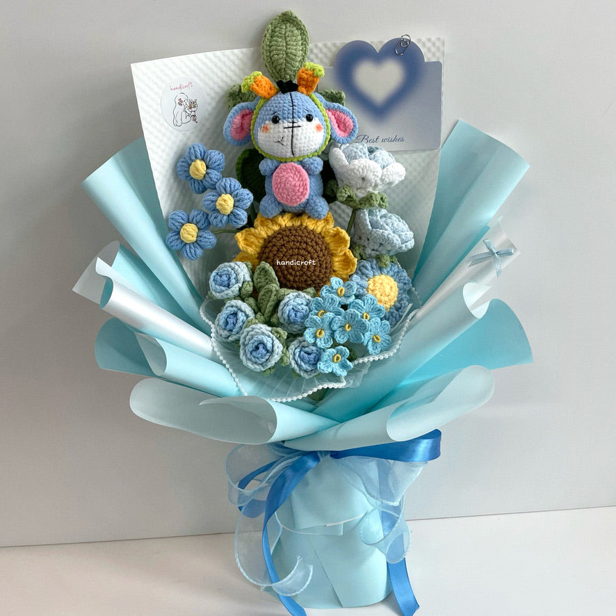 handicroft handmade crochet donkey pastel flower bouquet cloudy cuddles blue