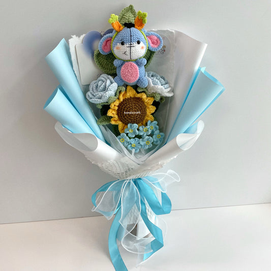handicroft handmade crochet donkey pastel flower bouquet the rainy-day friend's pastel moments blue