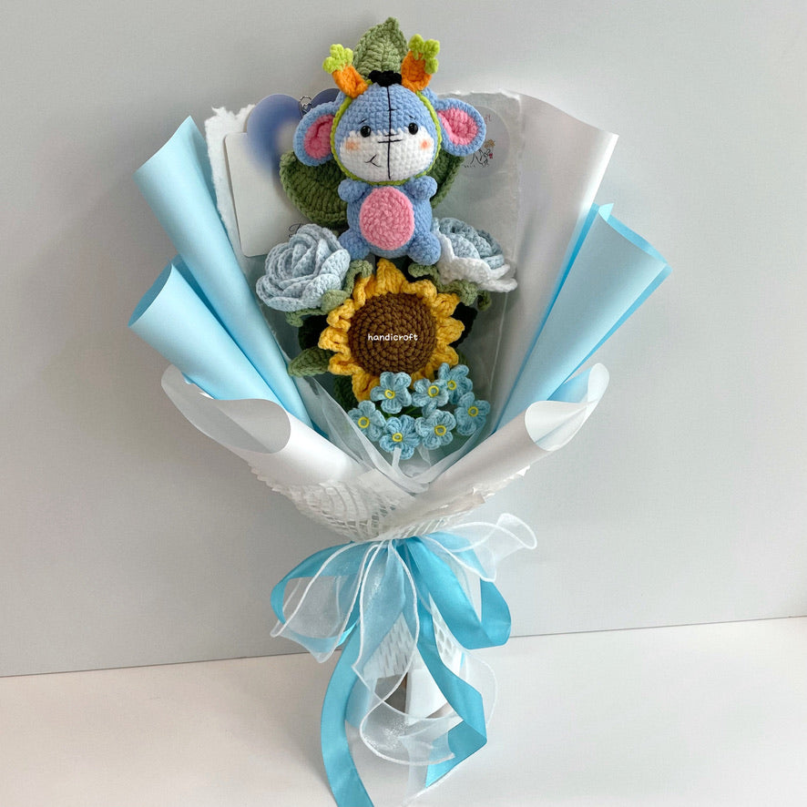 handicroft handmade crochet donkey pastel flower bouquet the rainy-day friend's pastel moments blue