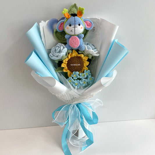 handicroft handmade crochet donkey pastel flower bouquet the rainy-day friend's pastel moments blue