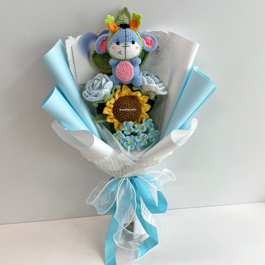 handicroft handmade crochet donkey pastel flower bouquet the rainy-day friend's pastel moments blue