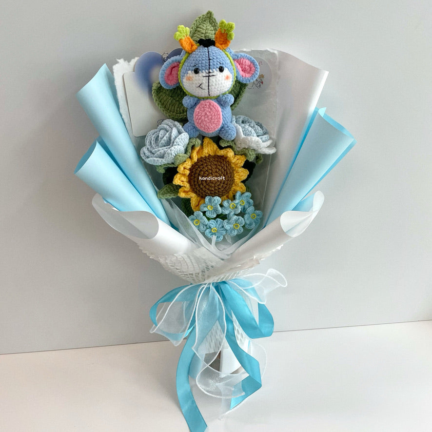 handicroft handmade crochet donkey pastel flower bouquet the rainy-day friend's pastel moments blue